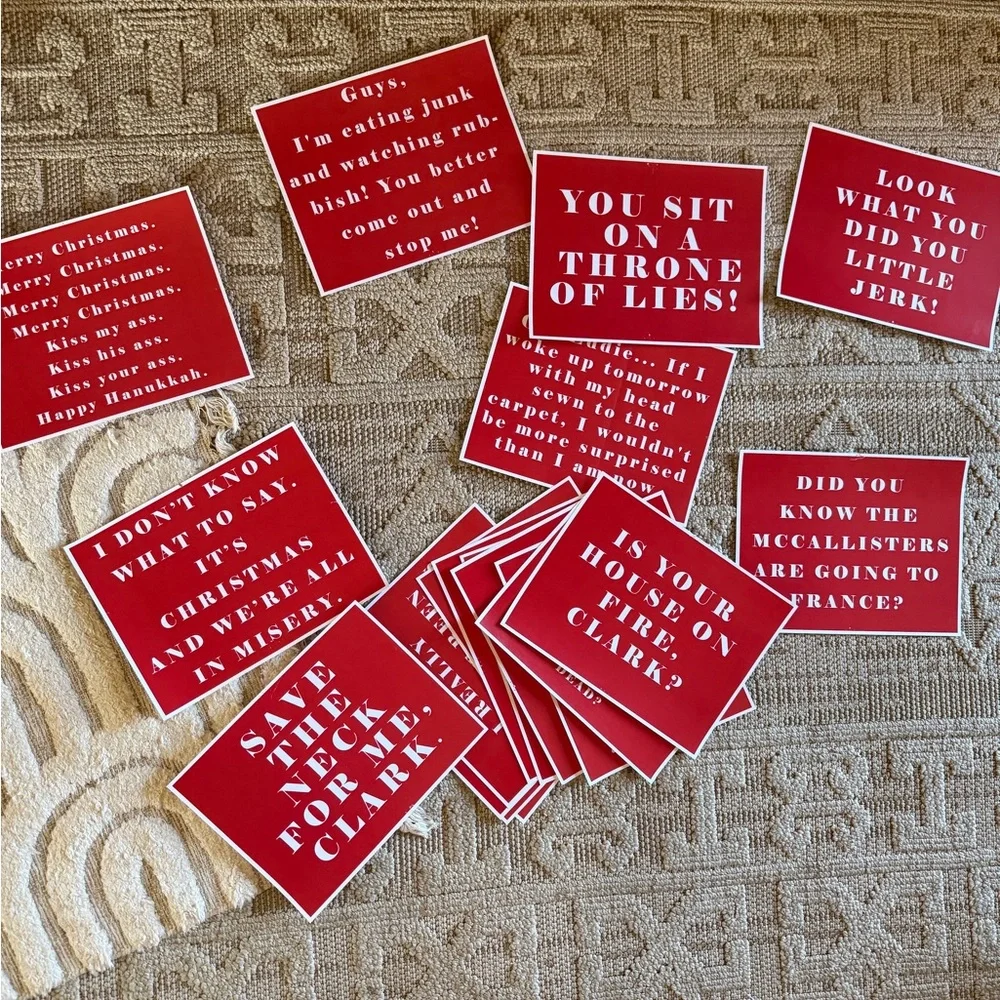 Handmade Christmas movie quotes 8.5x 11” on thick Red and White Quote Cards Set
